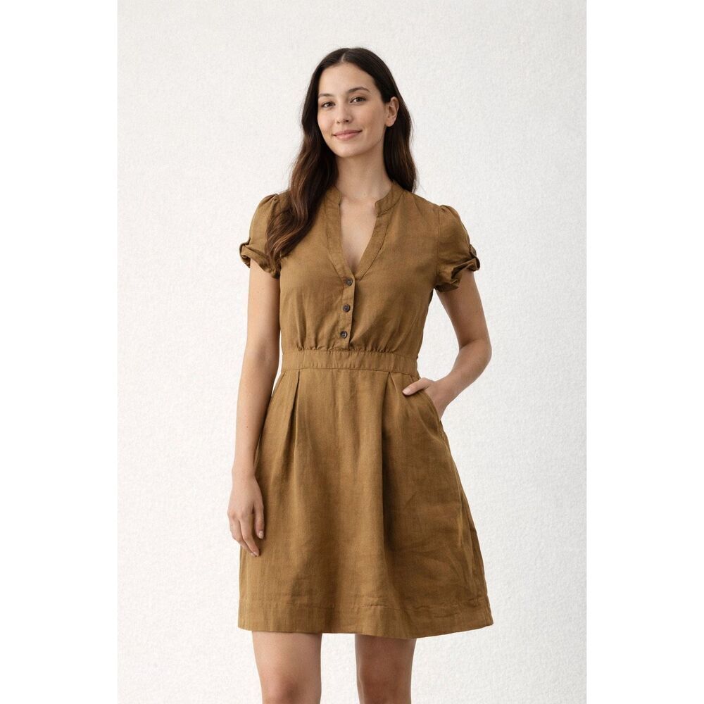 Mango Brown Linen Blend Button Front Mini Dress Women’s XS
